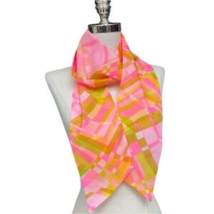 Vintage Mod Neon Pink Plaid Sheer Scarf Neon Mod Retro Long Wrap Sash Belt Scarf
